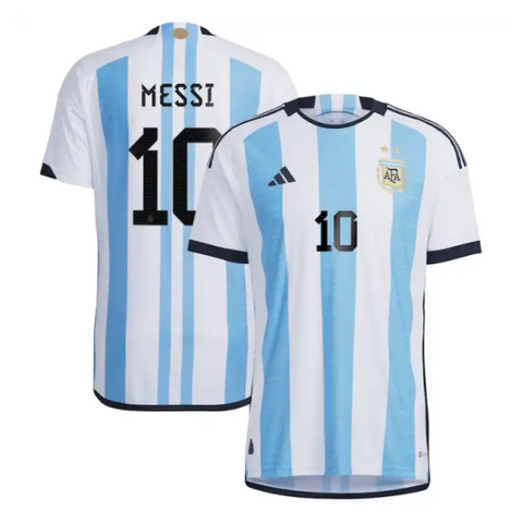 Lionel Messi 10 Argentina National Team Shirt 2022 Winners Home Jersey - White/Light Blue