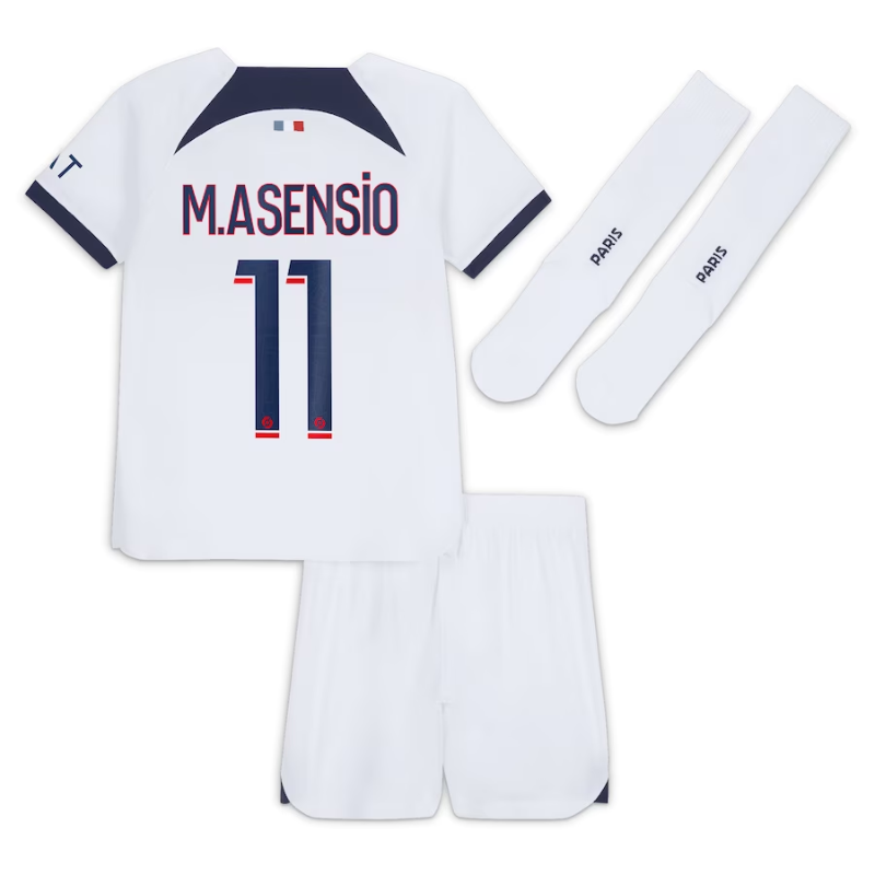 Paris Saint-Germain Away Kit 2023-24 - Little Kids with Player M.Asensio 11 printing Jersey - White