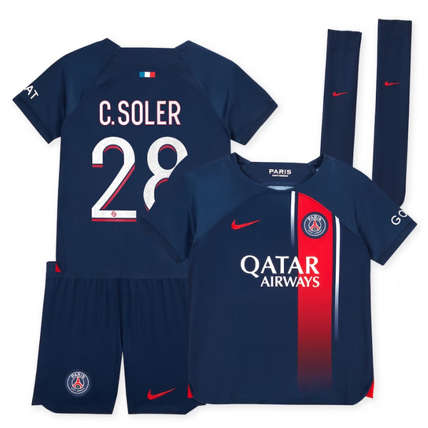 Paris Saint-Germain Home Kit 2023-24 - Little Kids with C. Soler 28 printing Jersey - Blue - Jersey Teams World