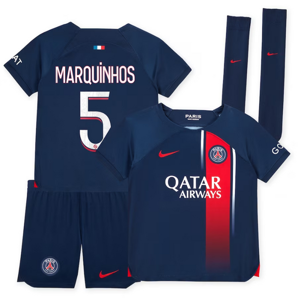 Paris Saint-Germain Home Kit 2023-24 - Little Kids with Marquinhos 5 printing Jersey - Blue - Jersey Teams World