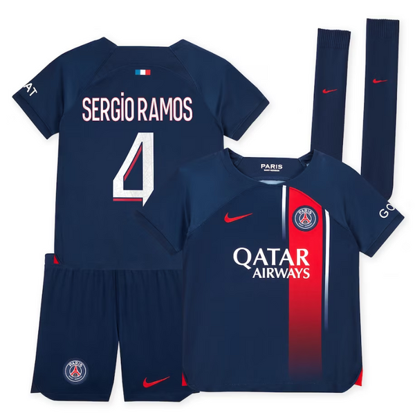 Paris Saint-Germain Team Home Kit 2023-24 - Little Kids with Sergio Ramos 4 printing Jersey - Blue - Jersey Teams World